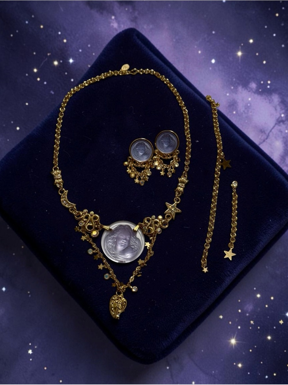 Vintage Signed Kirks Folly Gold-Tone Celestial Cameo Medallion Necklace Earrings
